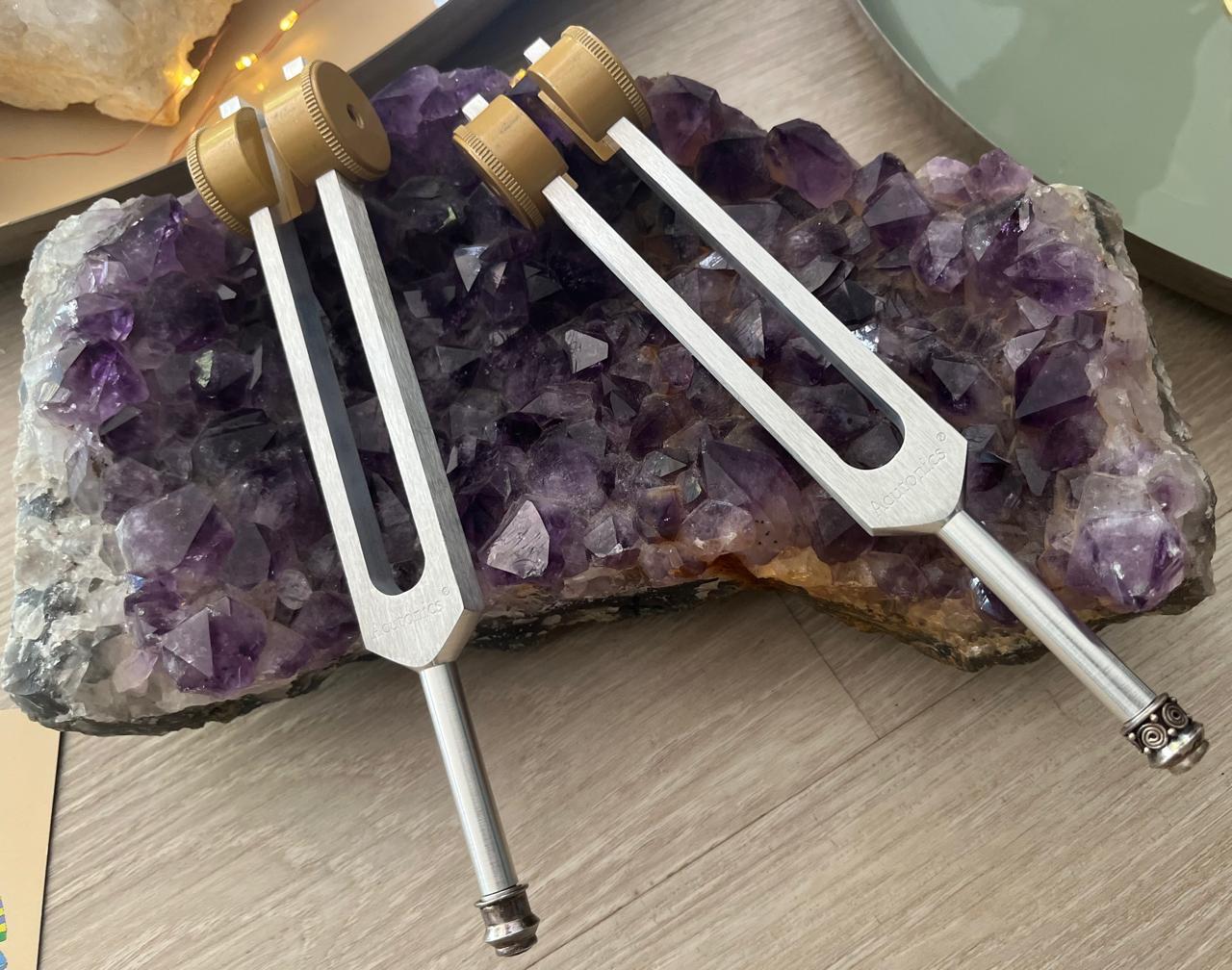 Acutonics tuning forks resting on an amethyst crystal