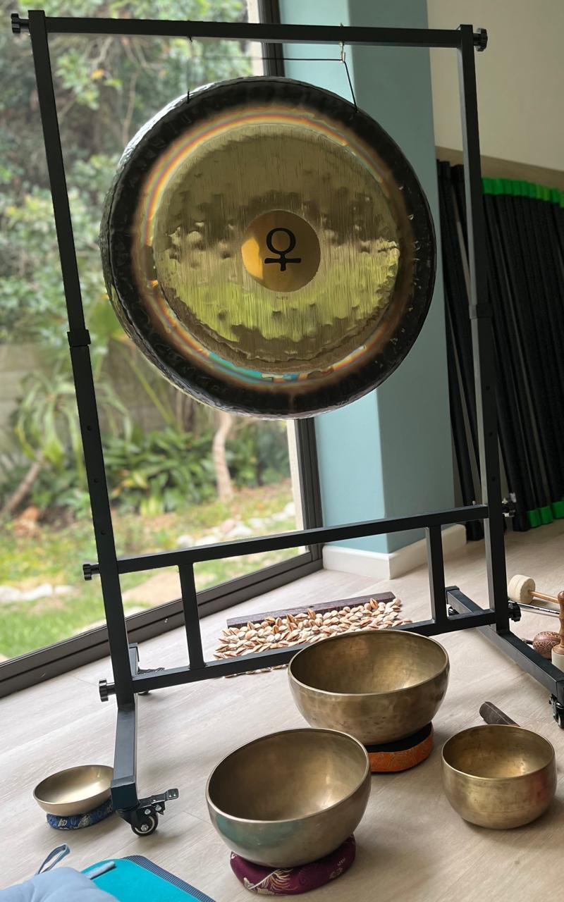 Venus gong and Himalayan sound bowls in Amanda's studio